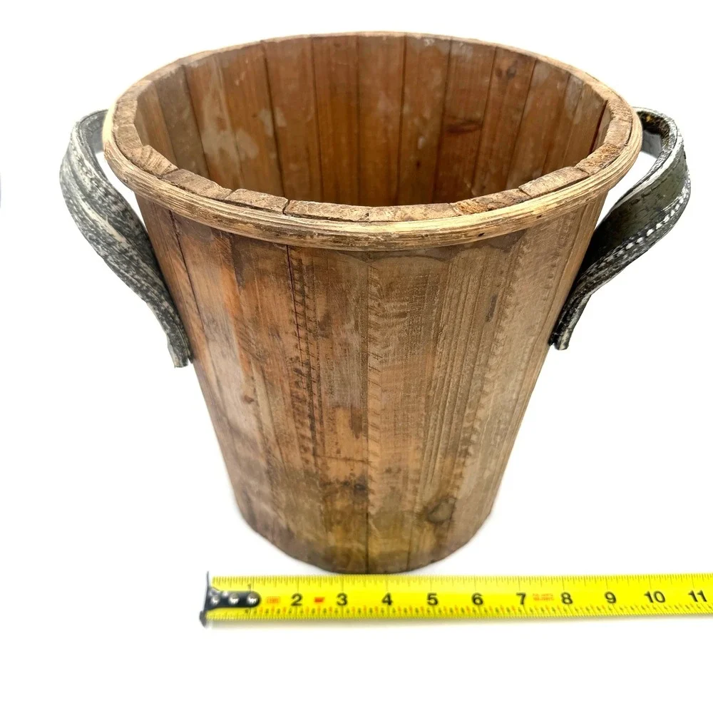 Vintage Primitive Wood Slatted Bucket 11in Brown Cottagecore Shabby Chic